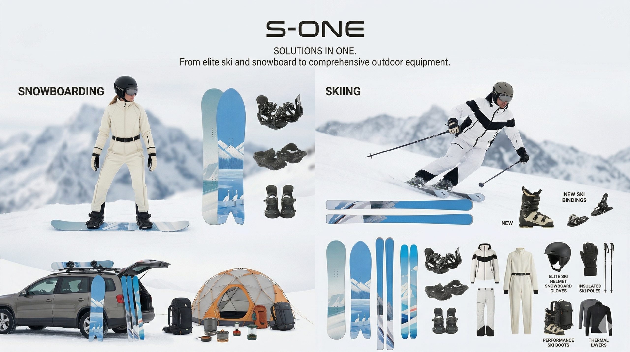 A comprehensive, full-page catalog advertisement for S-ONE winter sports and outdoor gear, featuring the slogan "SOLUTIONS IN ONE. From elite ski and snowboard to comprehensive outdoor equipment." The image is split into "SNOWBOARDING" and "SKIING" sections at the top. The snowboarding side shows a female rider in a cream one-piece suit, alongside various snowboards, bindings, and boots, with a specific pair of boots and bindings labeled "NEW". The skiing side features a male skier in a black and white color-block jacket, with "NEW" ski bindings highlighted. The bottom section displays an extensive array of individual products, including multiple ski and snowboard models, bindings, "NEW" Performance Ski Boots, clothing (jackets, pants, the cream one-piece), an Elite Ski Helmet, Snowboard Gloves, Insulated Ski Poles, and Thermal Layers. The very bottom illustrates a lifestyle scene with an SUV loaded with gear, a large dome tent, backpacks, and camping accessories, emphasizing a complete outdoor solution.