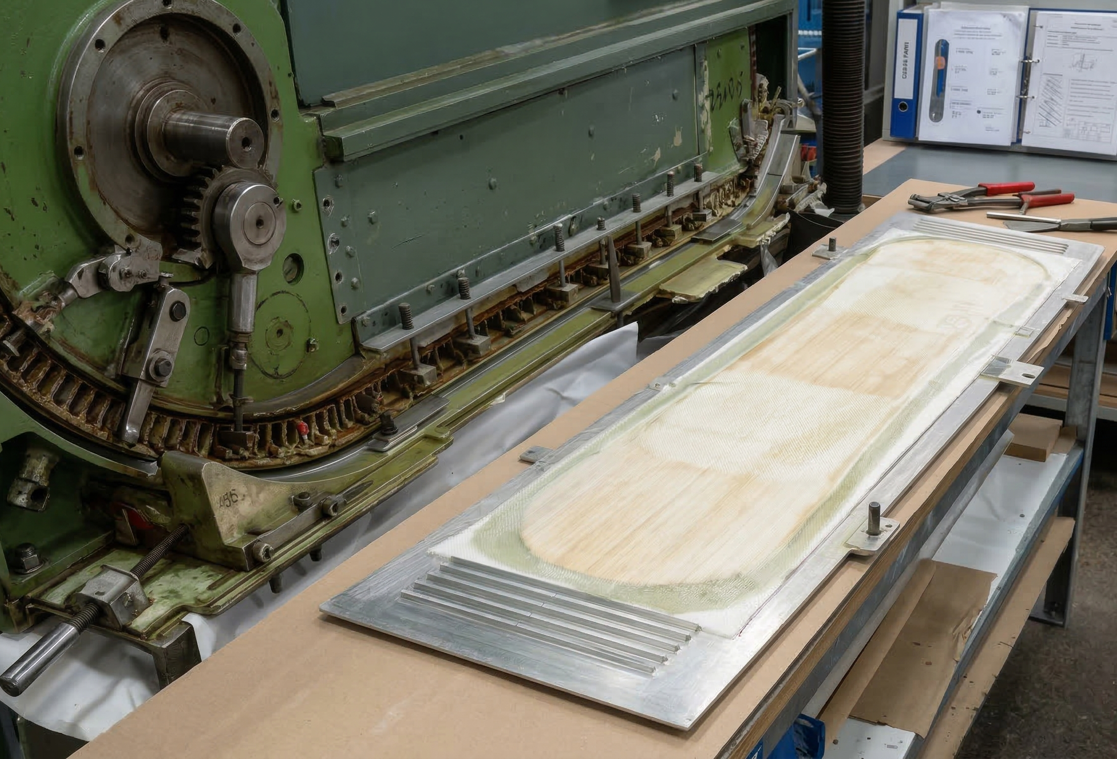 Cross-section view of a high-performance snowboard showing sintered base, wood core, and hybrid profile, engineered through integrated manufacturing.