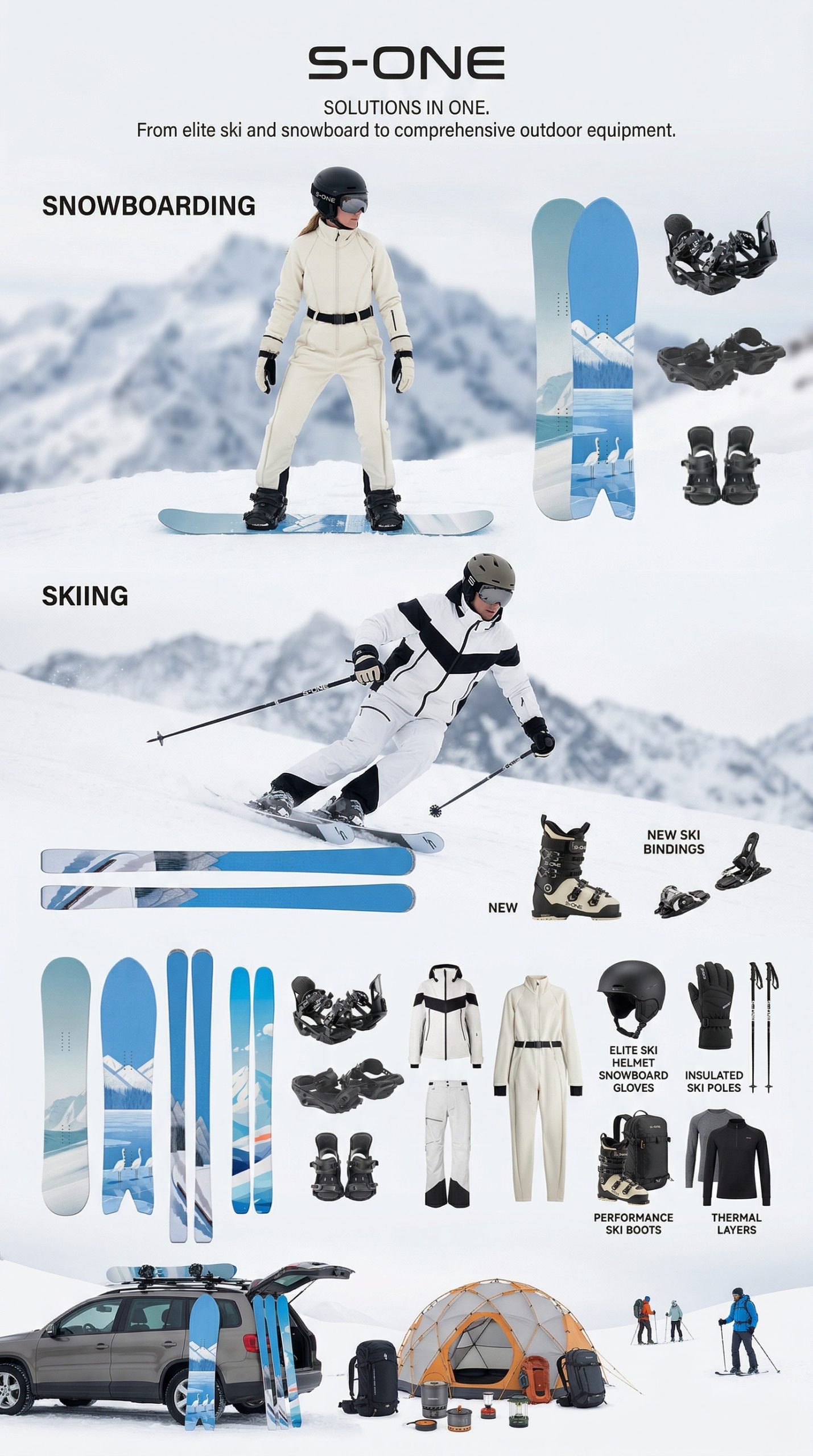 A comprehensive, full-page catalog advertisement for S-ONE winter sports and outdoor gear, featuring the slogan "SOLUTIONS IN ONE. From elite ski and snowboard to comprehensive outdoor equipment." The image is split into "SNOWBOARDING" and "SKIING" sections at the top. The snowboarding side shows a female rider in a cream one-piece suit, alongside various snowboards, bindings, and boots, with a specific pair of boots and bindings labeled "NEW". The skiing side features a male skier in a black and white color-block jacket, with "NEW" ski bindings highlighted. The bottom section displays an extensive array of individual products, including multiple ski and snowboard models, bindings, "NEW" Performance Ski Boots, clothing (jackets, pants, the cream one-piece), an Elite Ski Helmet, Snowboard Gloves, Insulated Ski Poles, and Thermal Layers. The very bottom illustrates a lifestyle scene with an SUV loaded with gear, a large dome tent, backpacks, and camping accessories, emphasizing a complete outdoor solution.